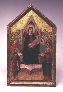 聖母子像と洗礼者ヨハネ、聖パウロと天使たち 作： Jacopo del Casentino
