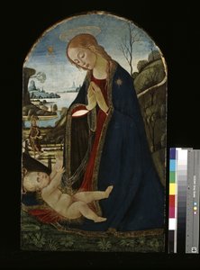 マドンナ・アドリング・ザ・キリスト・チャイルド（木に油彩） 作： Jacopo del Sellaio