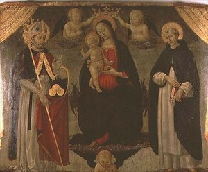 聖ニコラウスと聖ペテロ殉教者に挟まれたマドンナ（パネル） 作： Jacopo del Sellaio
