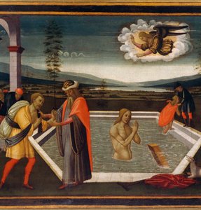 ヤコポ・ディ・アルカンジェロまたはヤコポ・デル・セライオ（1442-1493）による「麻痺患者の奇跡を伴うプロバティック・プール」、詳細