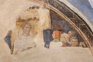聖者像と 5 体の正体不明のルネット (フレスコ画) 作： Jacopo di Cione