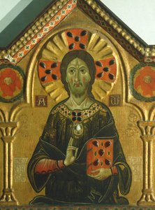メリオレ・トスカーノまたはメリオレ・ディ・ヤコポ（1255年頃～1285年頃）による《聖母と三人の聖人を伴う救済者》の細部、パネルにテンペラと金彩、85x210cm。 作： Jacopo di Meliore