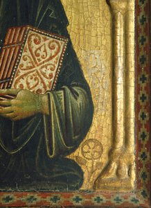 メリオレ・トスカーノまたはメリオレ・ディ・ヤコポ（約1255-1285）による「聖母と聖人を抱く救済者」、パネルにテンペラと金彩、85x210 cm、詳細