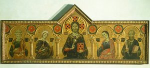 メリオレ・トスカーノまたはメリオレ・ディ・ヤコポ（約1255-1285）による「聖母と三聖人を抱く救済者」、パネルにテンペラと金彩、85x210cm、詳細 作： Jacopo di Meliore