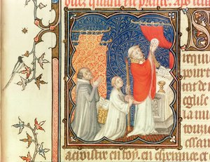 Ms Lat 18014 Jean de France（1340-1416）ホストの昇格前に祈るベリー公、Les Petites Heures de Duc de Berry、c.1385-90 作： Jacquemart de Hesdin