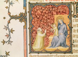 Ms Lat 18014 Jean de France（1340-1416）聖母子の前で祈るベリー公、Les Petites Heures de Duc de Berry、c.1385-90 作： Jacquemart de Hesdin