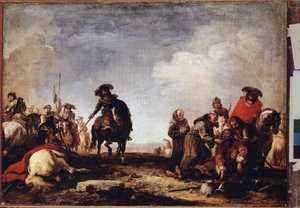 「戦後」（戦後） 僧侶の一団が負傷者の間を通り、祝福する。 ジャック・クルトワ (1621-1696) の絵画 17 世紀 エルミタージュ美術館、サンクトペテルブルク (サンクトペテルブルク) 作： Jacques Courtois