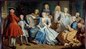家族に囲まれたルイ15世の看護師、メルシエ夫人の肖像。ジャック・デュモン（ル・ロマン）（1701-1781）の作品 作： Jacques  Dumont