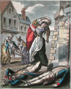 フランス革命時に負傷者を助けた女性たち、ラブローズ作、1795年頃（彩色済みエングレービング） 作： Jacques (after) Grasset de Saint Sauveur