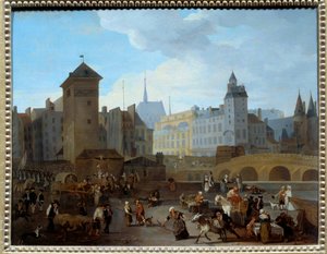 フランス革命。"View of the bridge and the pump Notre-Dame in Paris" ポンプはパリのいくつかの噴水に水を供給しており、商人、負傷者を運ぶ救急隊員、逃げ惑う兵士などの日常生活のシーンが描かれています。ジャック・アルベール・セナーヴ（1755-1）による絵画 作： Jacques Albert Senave