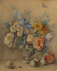 シルバーキャスターの花、前景の果物、18世紀。