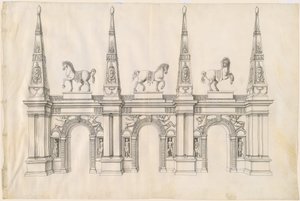 飾られた馬と装飾された尖塔のある凱旋門 作： Jacques Androuet Ducerceau I