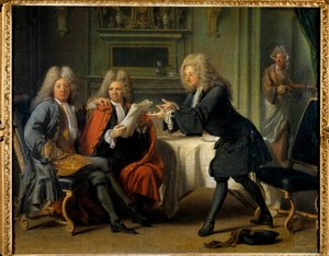 ラ・メゾン・ドートイユ」ベルナール・ル・ブイエ（ル・ボヴィエ）・ド・フォンテネル（1657-1757）（フランスの作家）、ラ・モット、ソーラン、マダム・ド・アレクサンドリーヌ・クローディン・ゲラン（テンシン侯爵夫人がチョコレートを運ぶ）テンシン侯爵夫人が開催していた評判の高いサロンです。 作： Jacques Autreau