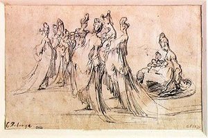 女性のグループ（紙にペンとインク）