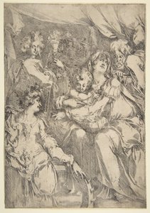 聖カタリナ、福音伝道者の聖ヨハネ、天使のいる聖家族、1612-16年。 作： Jacques Bellange