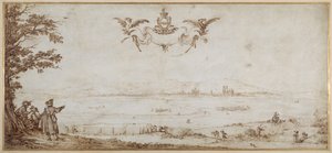 平原を隔てたトゥールの眺め、人物のいる風景、ポーセレットの腕のある空（ベラムにペンと茶色のインク 作： Jacques Callot