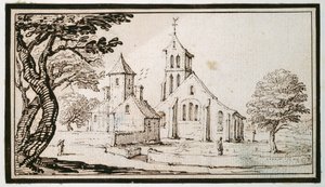 ロレーヌ地方の教会とその周辺の建物（紙にペン、茶インク 作： Jacques Callot