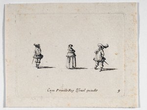 腕組みをする婦人と2人の騎兵。 作： ジャック・カロ