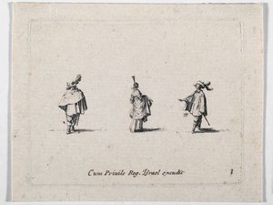 ギャザーを寄せたスカートと2人の騎兵、J.カロのファンタジーより（エングレーヴィング） 作： ジャック・カロ