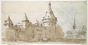 塔のあるシャトーと教会（紙に黒チョークの上に茶色とグレーのウォッシュ）。 作： Jacques Callot