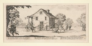 家の前での戦闘シーン、『戦争の悲惨さと災害』、18 枚セットの 4 番 作： Jacques Callot