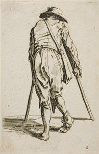 松葉杖をつき、帽子をかぶった乞食（『乞食たち』より）。 作： Jacques Callot