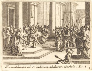 キリストと姦通に連れて行かれた女、1635年。 作： Jacques Callot