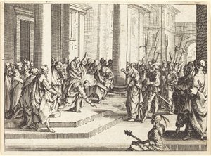 キリストと姦通に連れて行かれた女、1635年。 作： Jacques Callot