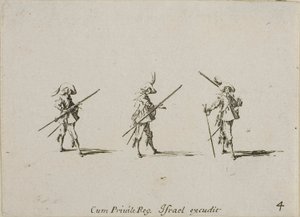 マスケット銃で訓練、「軍事演習」のプレート 4 作： Jacques Callot