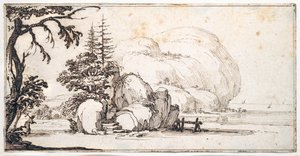 海岸の奇岩、海岸のビル群（紙にペン、茶インク 作： Jacques Callot