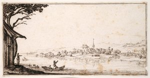 川を渡り、橋で結ばれた城のある小さな町に向かう乗客（紙にペン、茶インク 作： Jacques Callot