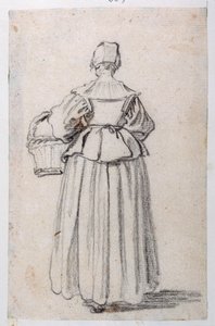 後ろ向きの人物（紙に黒チョーク 作： Jacques Callot