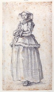 毛皮のついたドレスを着た人物（紙に黒チョーク 作： Jacques Callot