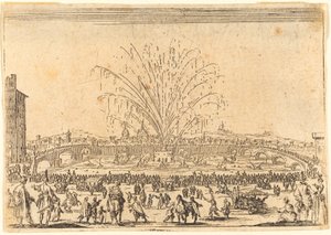 アルノ川の花火、フィレンツェ、c。 1622年。 作： Jacques Callot