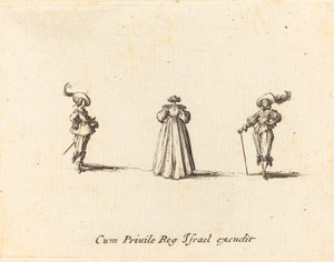後ろから見た女性と 2 人の紳士、おそらく 1634 年。 作： Jacques Callot