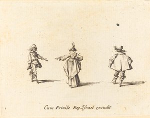 後ろから見た腕を広げた女性と二人の紳士 作： Jacques Callot