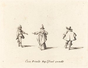 後ろから見た腕を広げた女性と二人の紳士 作： Jacques Callot