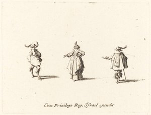 腕を伸ばした女性と 2 人の紳士、おそらく 1634 年。 作： Jacques Callot