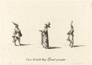 羽毛帽子の貴婦人と 2 人の紳士、おそらく 1634 年。 作： Jacques Callot