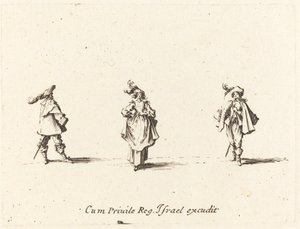 羽毛の貴婦人と二人の紳士、おそらく 1634 年。 作： Jacques Callot