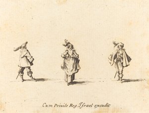 羽毛の貴婦人と二人の紳士、おそらく 1634 年。 作： Jacques Callot