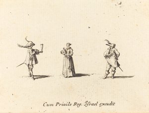ワインボトルを持つ女性と二人の紳士 作： Jacques Callot