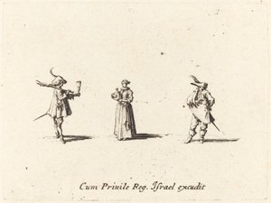 ワインボトルを持った貴婦人と二人の紳士、おそらく1634年。