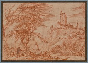 風景、右の丘に大きな塔、左に木立と数人の人物 作： Jacques Callot