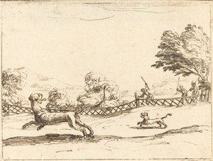 ハンターに追われる雌ライオンとカブ 作： Jacques Callot