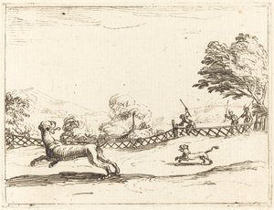 ハンターに追われる雌ライオンとカブ 作： Jacques Callot