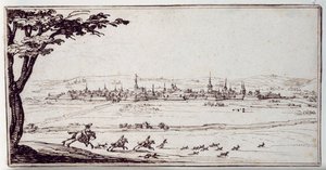 遠くのナンシー、野ウサギを追うハクセキレイ（紙にペン、茶インク 作： Jacques Callot