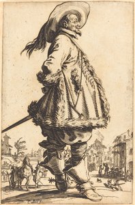 毛皮で整えられたマントを持ち、両手を後ろに持つ高貴な男性 作： Jacques Callot
