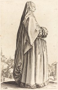 ベールと毛皮でトリミングされたドレスを身に着けている高貴な女性 作： Jacques Callot