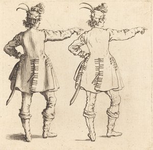 後ろから見た帽子に羽をつけた将校 作： Jacques Callot